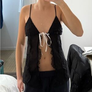 Black Lace Tie-Front Women's Top